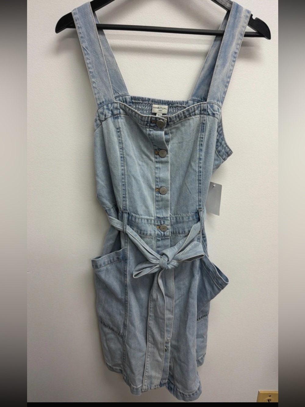 Habitual Light Blue Denim Overall Dress with Tie Waist